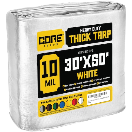 Core Tarps Heavy Duty Tarp, 50 ft L x 0.5 mm H x 30 ft W, 10 Mil, White, Polyethylene CT-604-30X50
